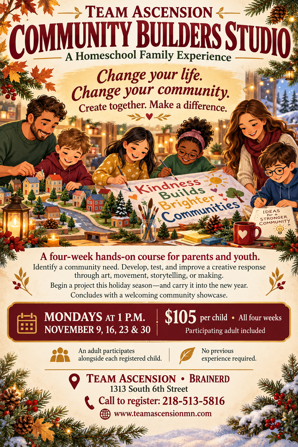 Community Builders Studio: a homeschool family course, Mondays at 1 p.m., November 9–30, $105 per child with participating adult included.