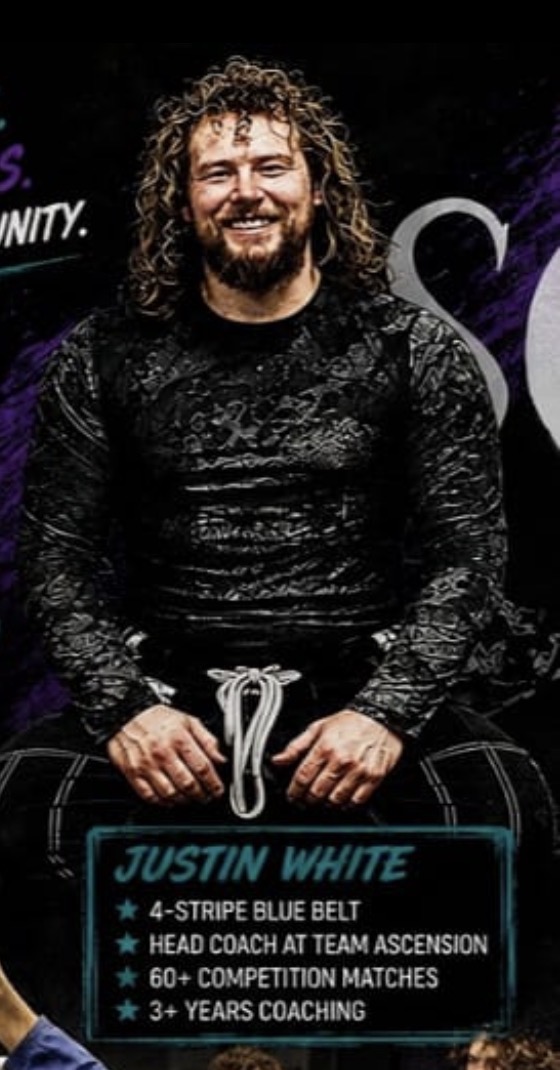 Justin White, Team Ascension Jiu-Jitsu head coach. Photo card lists a four-stripe blue belt, over 60 competition matches, and over three years of coaching.