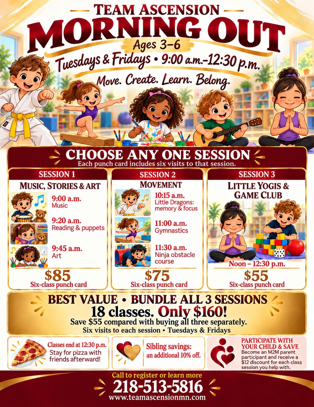 Team Ascension Morning Out cartoon poster: ages 3–6, Tuesdays and Fridays, music, stories, art, martial arts, gymnastics, yoga and games.