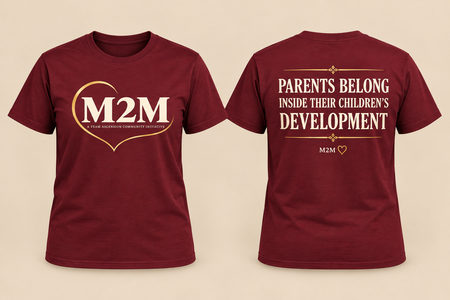 Front and back of the burgundy M2M T-shirt